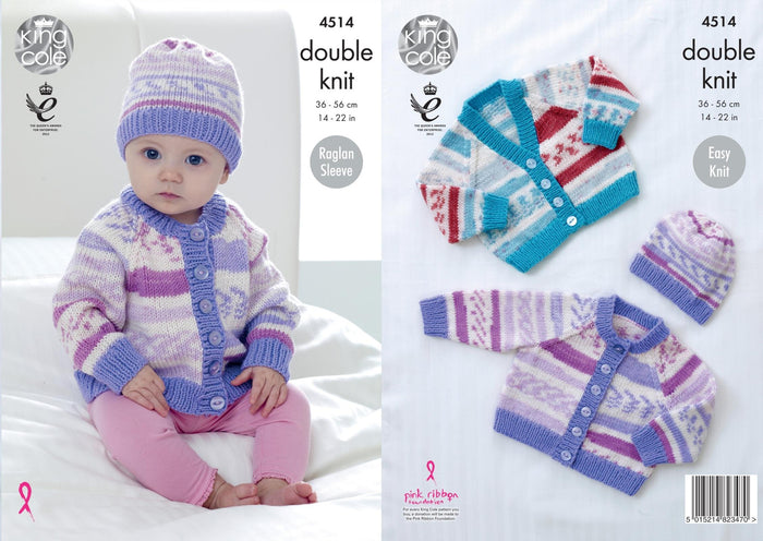 King Cole 4514 Knitting Pattern Baby Cardigans and Hat to Knit in Cherish and Cherished DK