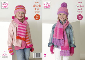 King Cole 5263 Knitting Pattern Childrens Girls Scarves Helmets Mitts in Big Value DK