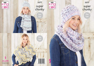 King Cole 5577 Knitting Pattern Womens Hat Scarf Cowl Wrap in Big Value Super Chunky Tints