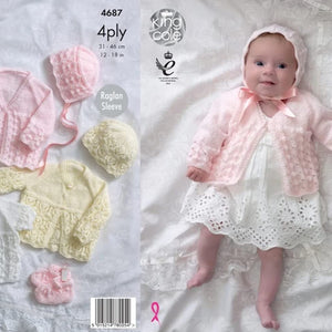 King Cole Baby 4 Ply Matinee Coat and Hat Knitting Pattern (4687)