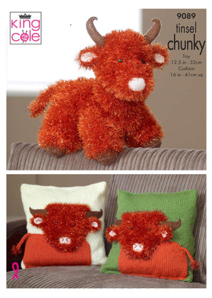 King Cole Highland Cow Toy & Cushion Covers Knitting Pattern 9089