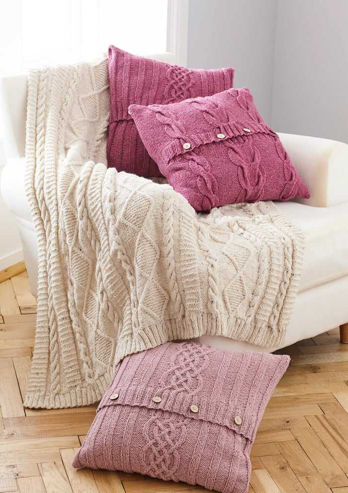 Knitting Pattern Cable Throw and 2 Styles Cushion Cover 5660 King Cole