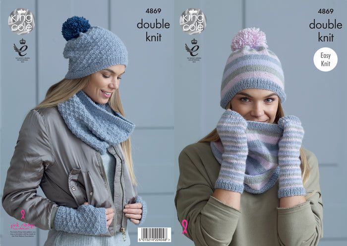 King Cole 4869 - Double knitting hat, scarf and gloves knitting pattern