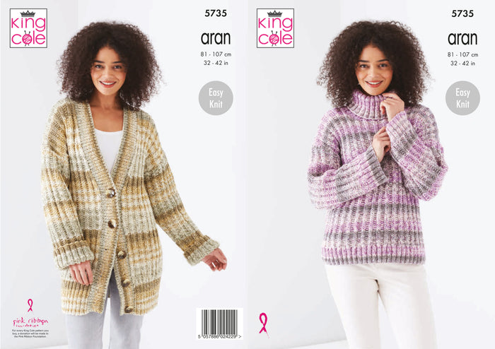 King Cole 5735 - Aran Cardigan and Jumper Knitting Pattern Leaflet