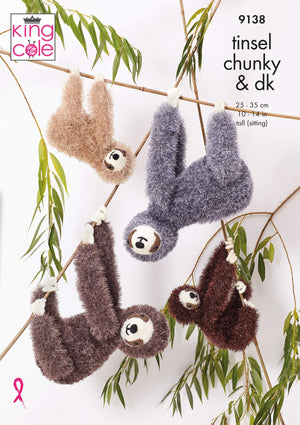 King Cole 9138 Knitting Pattern Toy Sloths in Tinsel Chunky and Big Value Baby DK
