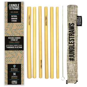 Jungle Straws - Pack of 6 Reusable Bamboo Straws with coloured pouch