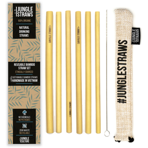 Jungle Straws - Pack of 6 Reusable Bamboo Straws with coloured pouch