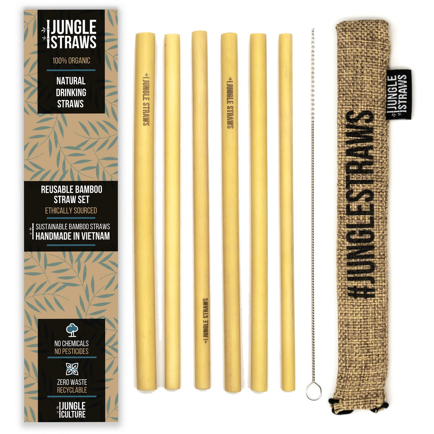 Jungle Straws Reusable Bamboo Straws with Pouch (Set of 6