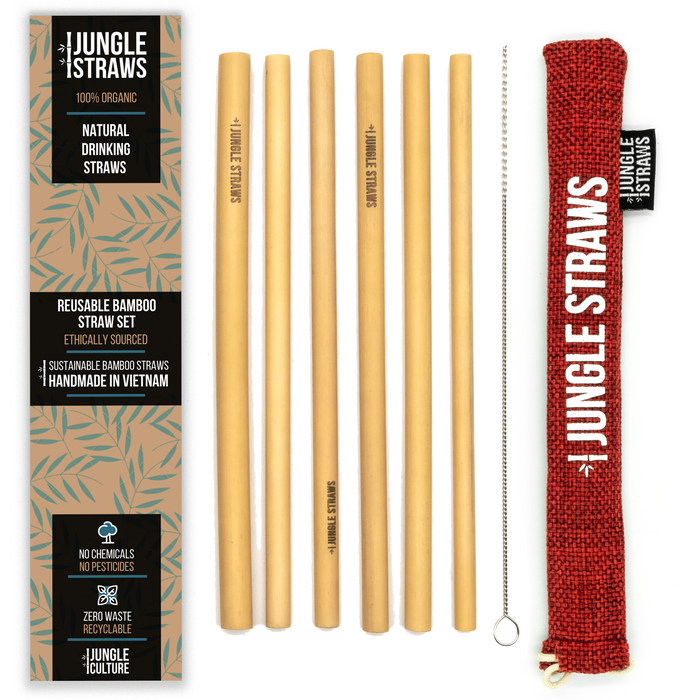 Jungle Straws - Pack of 6 Reusable Bamboo Straws with coloured pouch